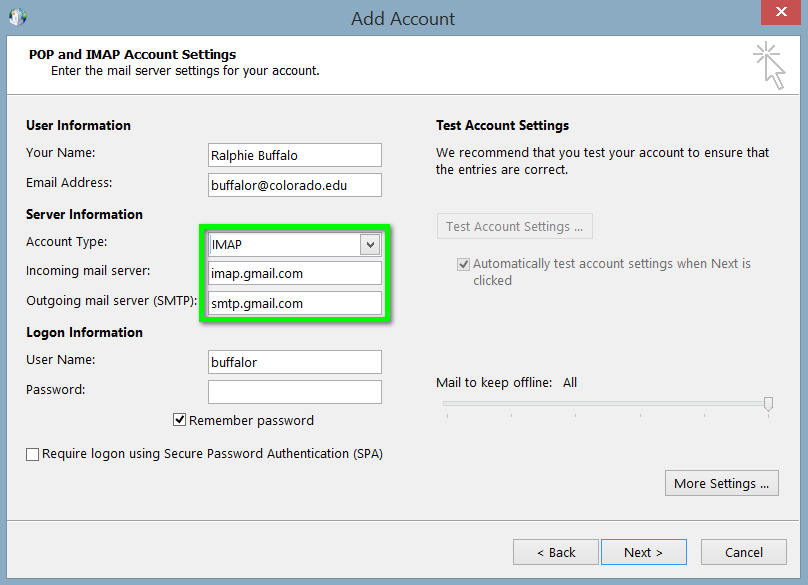 outlook settings for gmail account 2018t